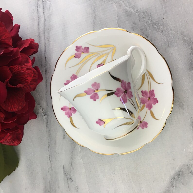 Alesbury Teacup Saucer Set Pink Flowers Gold Trim England Made Etsy