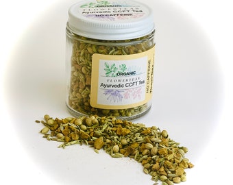 Ayurvedic Organic CCFT Loose Leaf Tea 1 oz Jar dosha balancing  No Caffeine Coriander Cumin Fennel Turmeric Glass Jar