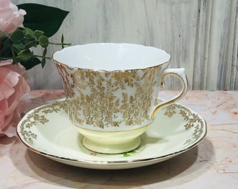 MAYFAIR Tea Cup and Mismatched but coordinating Royal York Saucer Gold Filigree Yellow Fine Bone China Vintage England Made