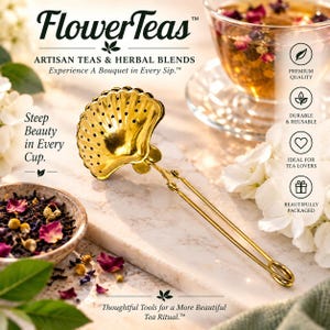 May include: A gold-colored metal tea infuser shaped like a seashell with a long handle and a spring-loaded mechanism. The infuser features small circular perforations across its surface and is displayed alongside loose-leaf tea and white flowers.