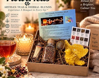 Tea + Candle Relaxation Ritual Box Luxury Gift Organic Loose Leaf Tea Beeswax Cande Spoon Rest  Infuser Ritual Card Matches Glass Containers