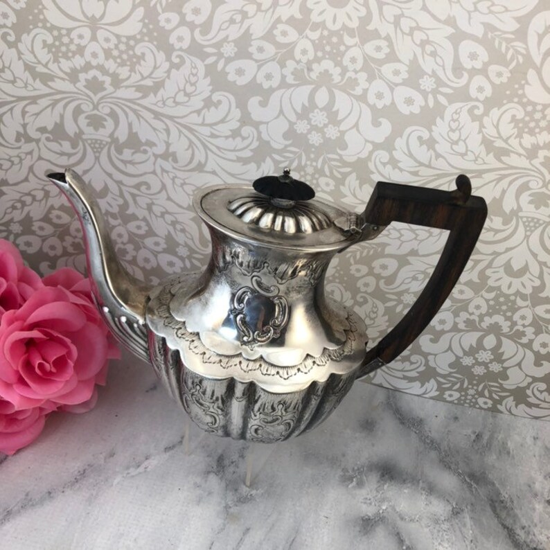 Silver Plate Teapot with wood handle Fancy Scrollwork details Silver over Copper Lovely VGC