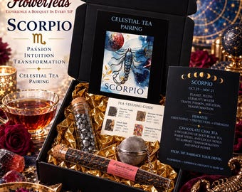 Scorpio Zodiac Tea Gift Box | Assam Black Tea + Hematite Crystals | Celestial Tea Pairing | Astrology Birthday Gift