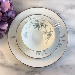 Noritake Lorene 5764 Tea Trio Vintage Blue Lavender Teacup Saucer Dessert Plate Set Japan Made Platinum Trim Floral Bouquets