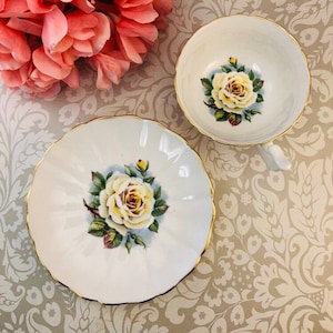 Regency Cup and Saucer Set Yellow White Rose Vintage Fine Bone China England Made Gold Trim Fluted and Scalloped