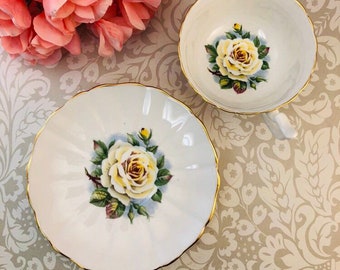 Regency Cup and Saucer Set Yellow White Rose Vintage Fine Bone China England Made Gold Trim Fluted and Scalloped