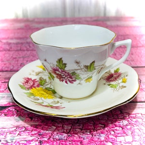 BONE CHINA (0823) Pink Yellow Blossoms Flowers Tea Cup and Saucer Fluted Fine Bone China Vintage England Made Lovely