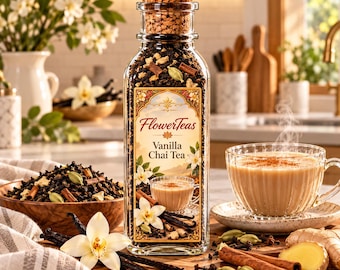May include: A clear glass bottle filled with loose leaf vanilla chai tea, topped with a cork stopper. The label features the text FlowerTeas Vanilla Chai Tea, with illustrations of vanilla flowers, cinnamon sticks, and a cup of tea.
