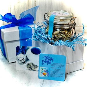 Thai Butterfly Blue Gift Boxed Pea Flower Lemongrass Loose Leaf Tea in Glass Hermes Clamp Jar  No Caffeine