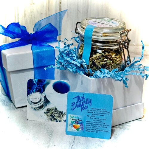 Thai Butterfly Blue Gift Boxed Pea Flower Lemongrass Loose Leaf Tea in Glass Hermes Clamp Jar  No Caffeine