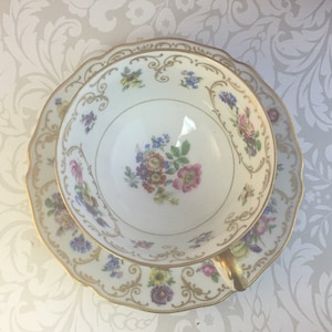 Franconia Cup and Saucer Vintage Set Made in Bavaria Colorful Bouquets and Gold Fine Bone China (0831)