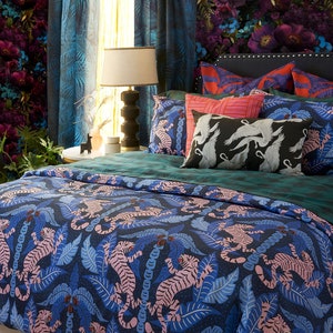 Maximalist Tiger Cotton Bedding Collection - Jungle Jewel Tones Bold Printed Duvet Cover, Sheet Set, Pillow Shams, and Throw Blanket