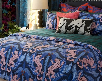 Maximalist Tiger Cotton Bedding Collection - Jungle Jewel Tones Bold Printed Duvet Cover, Sheet Set, Pillow Shams, and Throw Blanket