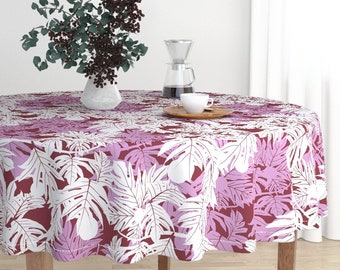 Modern Tropical Round Tablecloth Hula /'ulu White Orchid On Burgundy Jumbo by kadyson Palm Cotton Sateen Circle Tablecloth by Spoonflower