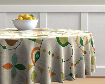 Retro Mod Tablecloth 1950 Pebbles Pink Orange Red by kate/_rowley Mid Century Modern Cotton Sateen Tablecloth by Spoonflower