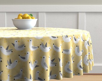 Seagulls On Yellow by heleenvanbuul Beach Yellow Sand Summer Sea Cotton Sateen Circle Tablecloth by Spoonflower Birds Round Tablecloth