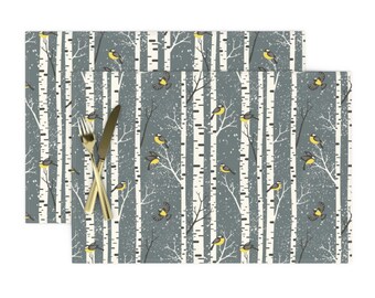 Set of 4 - Birch And Birds by lanagibson Forest Placemats Trees Birch Trees Birds Trees Nature Watercolor Cloth Placemats by Spoonflower