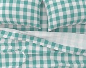 Blue And White Sheets - Buffalo Check In Aqua by willowlanetextiles - Rustic Plaid Gingham Cotton Sateen Sheet Set Bedding by Spoonflower