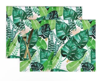 - Nouveau Banana Leaf  by elliottdesignfactory Set of 4 Palm Leaf Pink Banana Leaf Cloth Placemats by Spoonflower Tropical Placemats