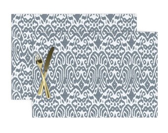 Set of 4 Gray Ikat Placemats - Charcoal Linen-look Ikat by ragan Neutral Boho Intricate Medallion Cloth Placemats by Spoonflower