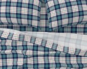 Classic Plaid Sheets - Ferguson Tartan In Teal by weavingmajor - Rustic Tartan Stripes Check Cotton Sateen Sheet Set Bedding by Spoonflower