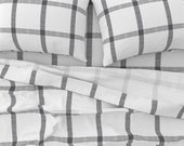 Plaid Sheets - Gray White Linen Check Buffalo Plaid by mlags - Tartan Grid Check Lines Cotton Sateen Sheet Set Bedding by Spoonflower