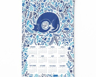 Spoonflower Tea Towel Calendar Blue Cute Floral Modern Cat Kitty Linen Cotton