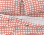 Pink Check Sheets - Watercolor Gingham Peach by willowlanetextiles - Rustic Plaid Peach Pink Cotton Sateen Sheet Set Bedding by Spoonflower
