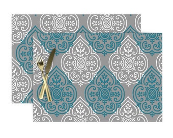 Set of 4 Gray Ikat Placemats - Charcoal Linen-look Ikat by ragan Neutral Boho Intricate Medallion Cloth Placemats by Spoonflower