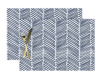 Set of 4 Navy Chevron Cloth Placemats by Spoonflower - Freeform Arrows Large In Indigo by domesticate Herringbone Placemats