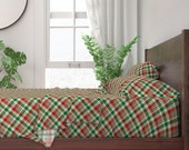 Red And Green Sheets - Xmas Plaid by anya_d - Christmas Check Winter Holidays Tartan Pattern Cotton Sateen Sheet Set Bedding by Spoonflower