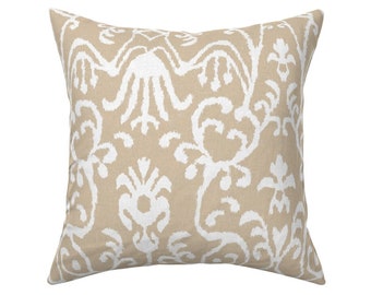 Lucette Ikat Floral In Natural by willowlanetextiles Floral Tan Rectangle Lumbar Throw Pillow by Spoonflower Neutrals Accent Pillow