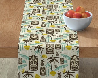 Retro Tropical Table Runner Mid Century Hawaii Hawaiian Cotton Sateen Table Runner by Spoonflower Tiki Stripe Coconut by thecalvarium