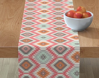 Geo Mint Coral Mustard Aztec Triangles Cotton Sateen Table Runner by Spoonflower Boho Table Runner Coral Aztec Stripe by ivieclothco