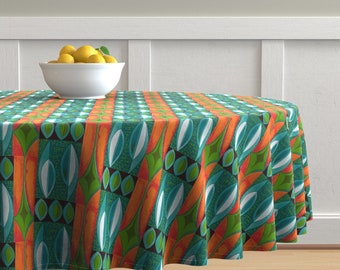 Retro Mod Tablecloth 1950 Pebbles Pink Orange Red by kate/_rowley Mid Century Modern Cotton Sateen Tablecloth by Spoonflower