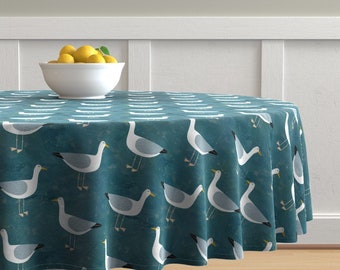 Seagulls On Yellow by heleenvanbuul Beach Yellow Sand Summer Sea Cotton Sateen Circle Tablecloth by Spoonflower Birds Round Tablecloth
