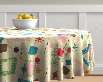 Cathay Kitsch White by speakeasyworks Atomic Starburst Round Tablecloth Midcentury Modern Cotton Sateen Circle Tablecloth by Spoonflower