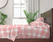 Peach Blush Plaid Sheets - Peach Pink Check by adenaj - Watercolor Check Rustic Pink Tartan Cotton Sateen Sheet Set Bedding by Spoonflower