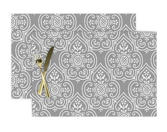 Set of 4 Gray Ikat Placemats - Charcoal Linen-look Ikat by ragan Neutral Boho Intricate Medallion Cloth Placemats by Spoonflower