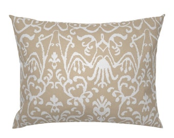 Lucette Ikat Floral In Natural by willowlanetextiles Floral Tan Rectangle Lumbar Throw Pillow by Spoonflower Neutrals Accent Pillow