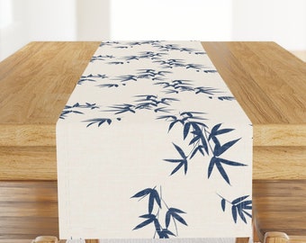 Elegant Botanical Table Runner - Blue Bamboo Leaves by kimsa - Minimalist Japanese Inspired Plants Cotton Sateen Table Runner by Spoonflower