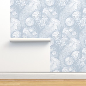 Coastal Jellyfish Non-Pasted Wallpaper - Jellyfish by peacoquettedesigns - Pastel Blue White Sea Ocean  Wallpaper Double Roll by Spoonflower