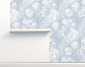 Coastal Jellyfish Non-Pasted Wallpaper Pastel Blue White Sea Ocean  - Jellyfish by peacoquettedesigns Wallpaper Double Roll by Spoonflower
