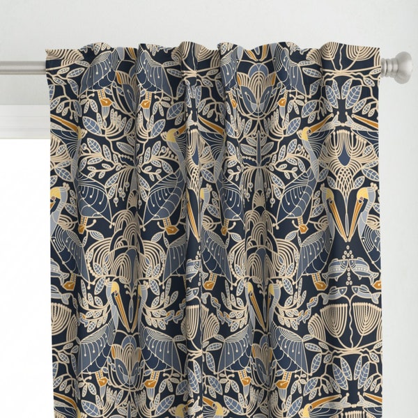 Brown Pelican Curtain Panel - Pelicans And Mangroves by boszorka - Nautical Coastal Wildlife Navy Blue  Custom Curtain Panel by Spoonflower