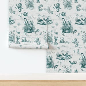 Octopus Toile Non-Pasted Wallpaper Mythical Creatures Toile De Jouy Teal Cream Kraken - Toile De Mer by fischkandi Wallpaper by Spoonflower