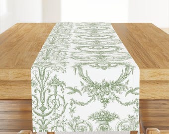 Green Damask Toile Table Runner - Green And White Romantic Rococo French Regency Cotton Sateen Table Runner - Capetian Toile by lilyoake