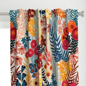 Multicolor Floral Curtain Panel - Wildflower Meadow by sandra_hutter_designs - Flowers Teal Orange Gray Custom Curtain Panel by Spoonflower