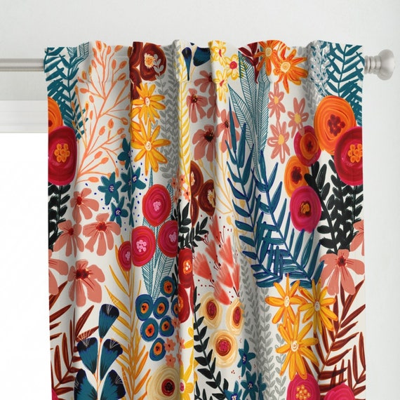 Große bestickte Blumen Gardine - Blumen Teal Orange Grau Boho Panel - Wildblumen Wiese by sandra_hutter_designs