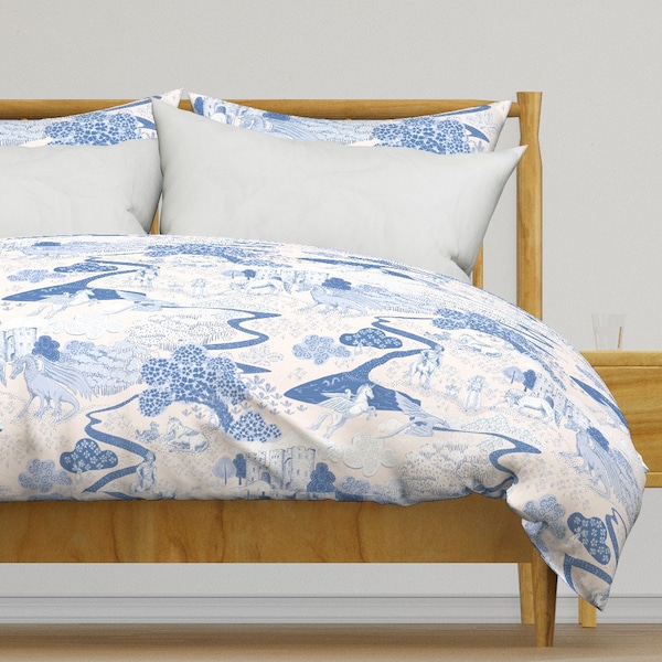 Blues Bedding - Mythical Creatures Toile by gartmanstudio - Dragon Mythology Fairy Cotton Sateen Duvet Cover OR Pillow Shams by Spoonflower