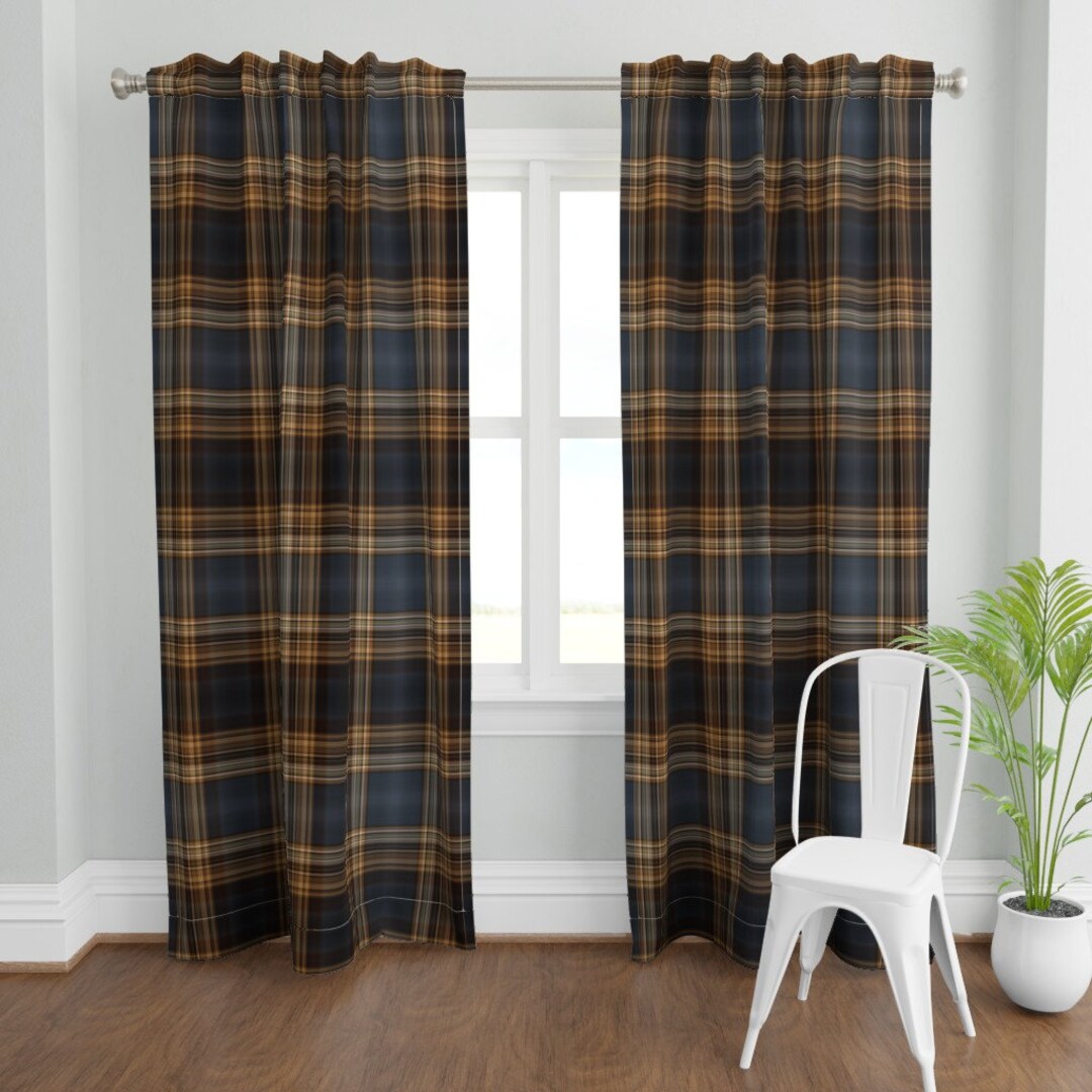 Blue Brown Tartan Curtain Panel Fine Line Plaid by Etsy